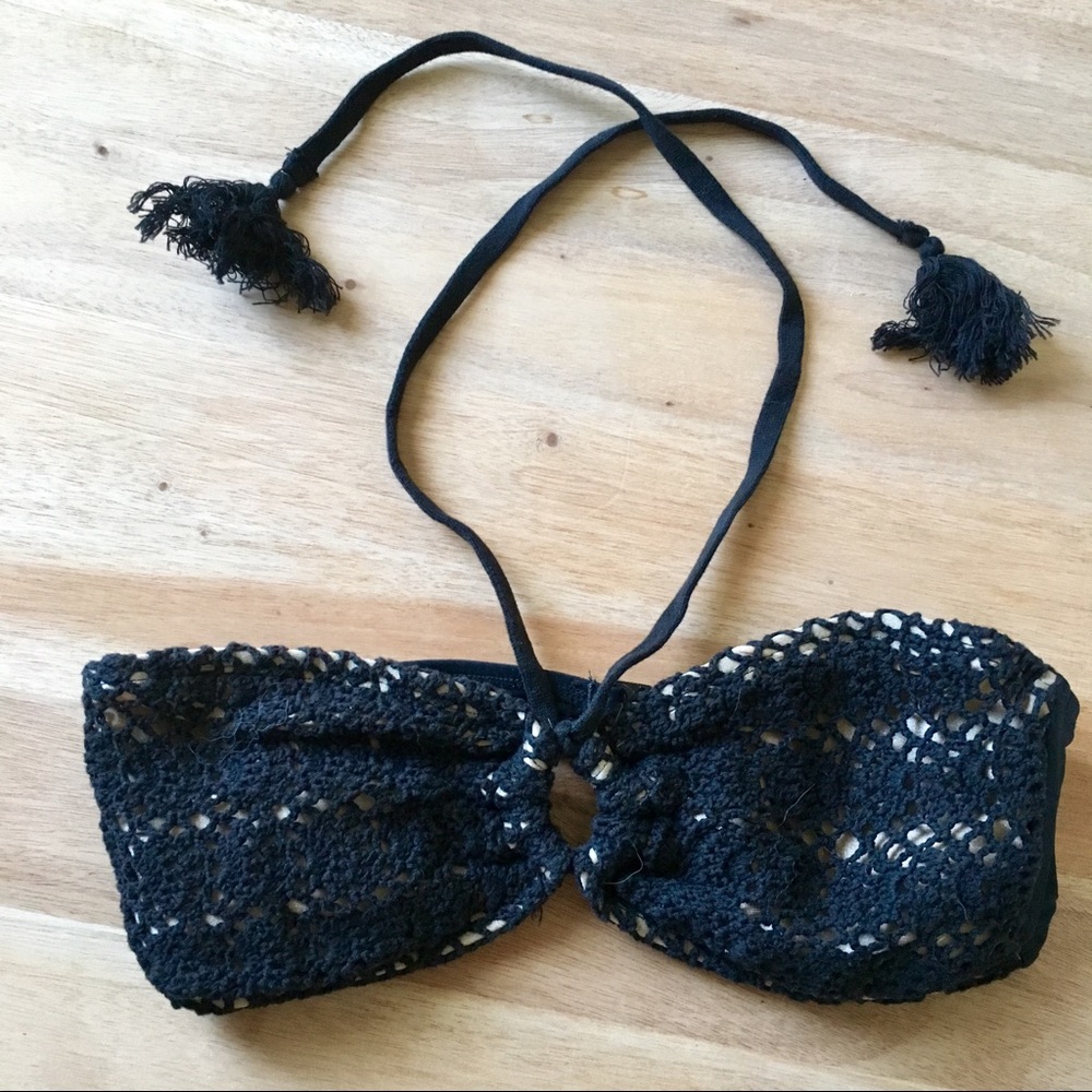 Black & Beige Crochet Bandeau Swim Halter Top